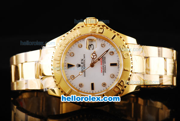 Rolex Yachtmaster Swiss ETA 2836 Automatic Movement Full Gold Case/Strap with White Dial and Diamond Hour Marker - Click Image to Close